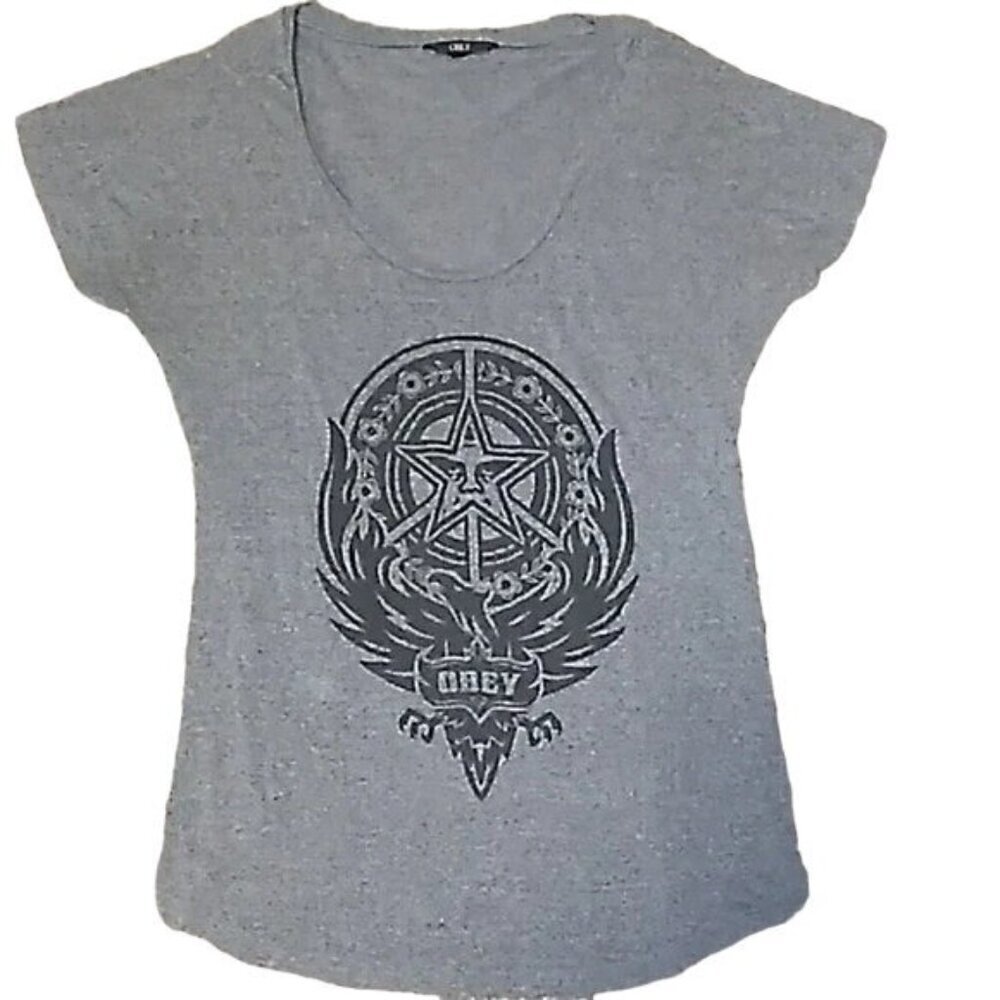 Obey Gray Logo y2k Scoop Neck T-shirt